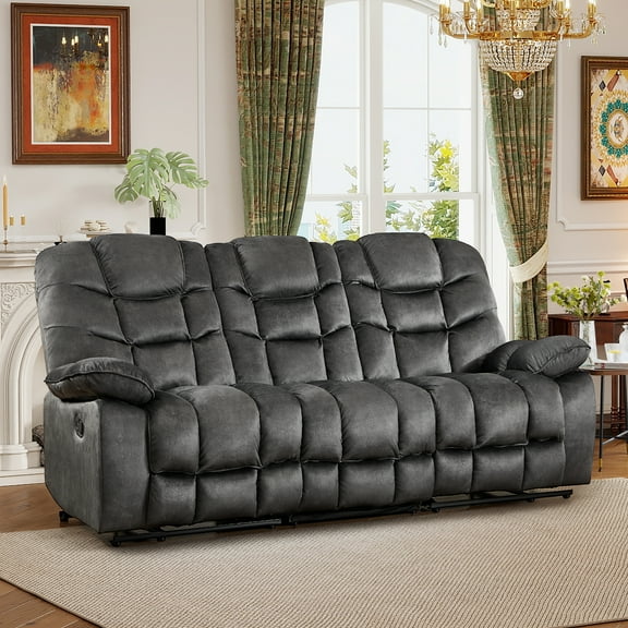Ebello 85" 3-Seater Manual Reclining Sofa, Soft Fabric Recliner Couch with Padded Headrest & Armrests, Overstuffed Recliner for Living Room, Gray