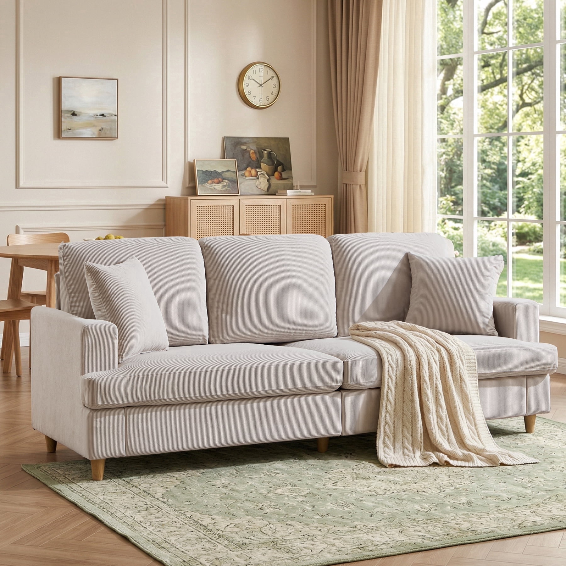 Ebello 87" 3-Seater Corduroy Sofa, Deep Seat with Plush Cushions, 2 Throw Pillows and Thick Backrest Couch for Living Room Bedroom Apartment, Beige