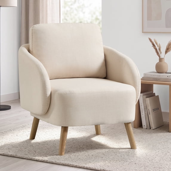 Ebello Accent Chair, Linen Fabric Modern Armchair with Curved Wraparound Armrests, Removable Back Cushion & Solid Wood Tapered Legs for Living Room,Beige
