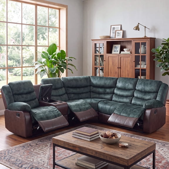 Ebello Composite Fabric Manual Reclining Sectional Sofa, L-Shape Plush and PU Leather Sofa Couch with Cup Holders, Hidden Storage for Living Room, Greenish Gray & Brown