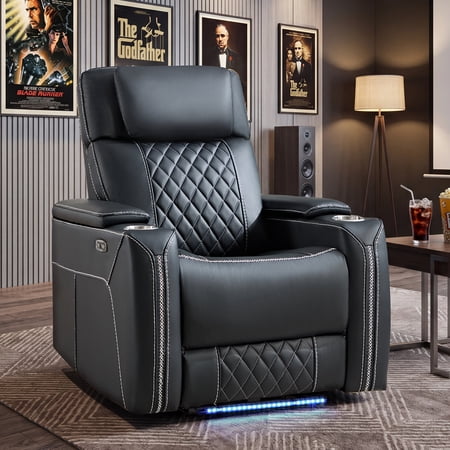 Ebello Dual Motor Power Recliner Chair with Adjustable Headrest, Faux Leather Electric Reclining Chair with LED Light Strip, USB Port, Cup Holders & Hidden Storage for Home Theater, Black