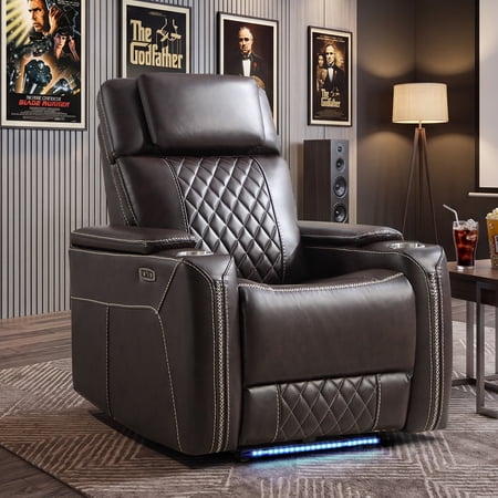 Ebello Dual Motor Power Recliner Chair, Faux Leather Electric Reclining Chair with LED Light Strip, USB Port, Cup Holders & Hidden Storage, Oversized Headrest for Home Theater, Brown