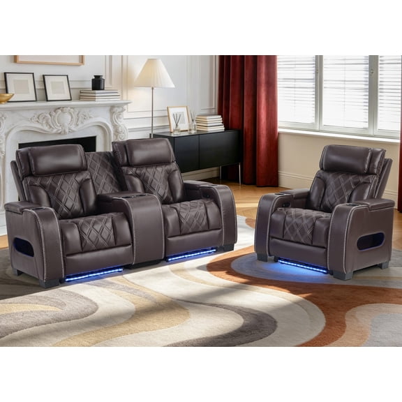 Ebello Dual Motor Power Reclining Sofa Set, PU Leather Reclining Chair and Loveseat with Adjustable Headrests, Ambient Lighting, Cup Holders, USB & Type C Ports, Armrest Storage, Brown