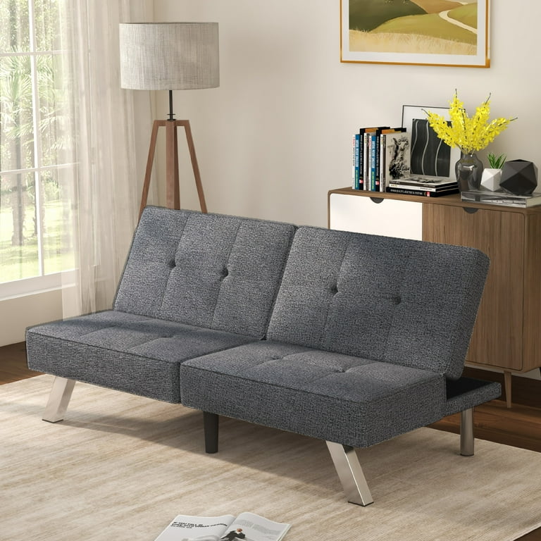 Ebello Futon Multifunctional Double Linen Folding Sofa Bed Elegant Guest Bed Gray