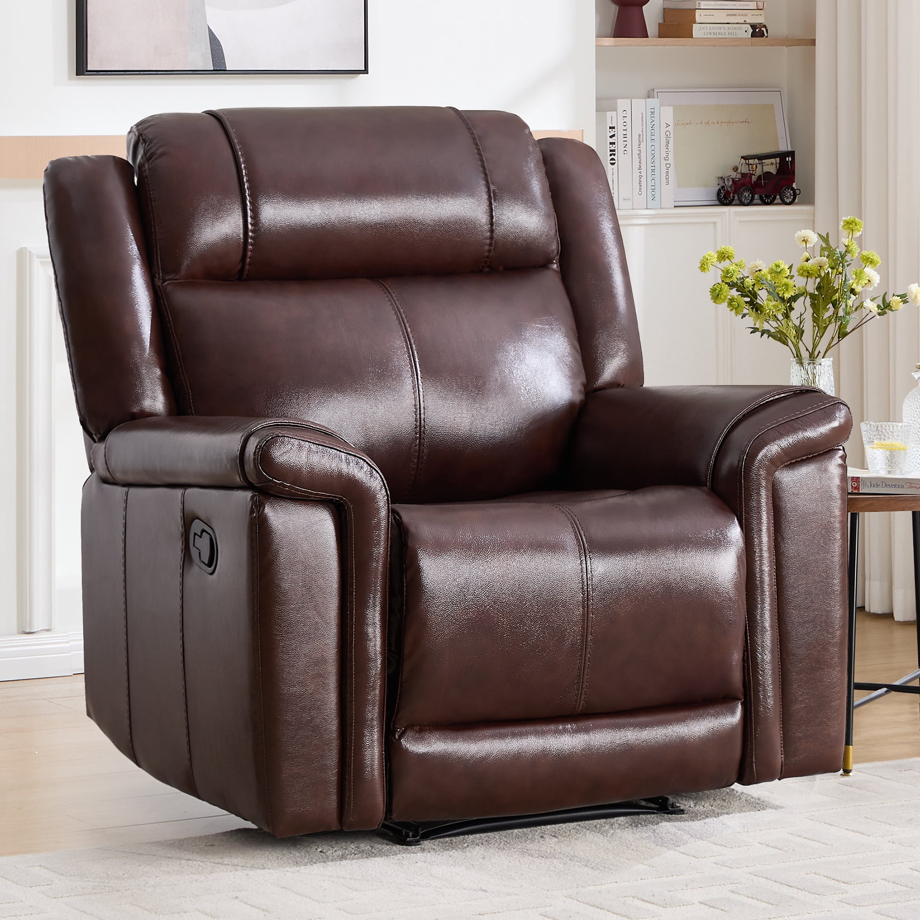 Ebello Genuine Leather Manual Recliner, Luxurious Modern Reclining Chair with Padded Headrest and Armrest for Living Room, Home Theater, Office, Brown