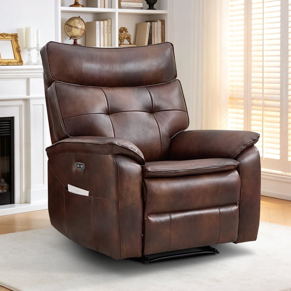 Ebello Genuine Leather Power Recliner Chair, Electric Single Reclining Sofa with Overstuffed Armrest and Backrest for Living Room, Dark Brown