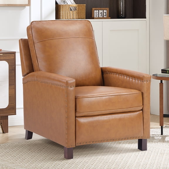 Ebello Genuine Leather Push Back Recliner with Nailhead Trim, Upholstered Wingback Reclining Chair with Wood Legs for Living Room, Apartment (Brown)