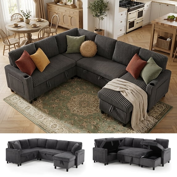 Ebello Sleeper Sectional Sofa with Pull Out Bed, Storage Seat, Cup Holders, USB Ports & Side Pockets, U Shaped Corduroy Convertible Couch Bed for Living Room, Gray