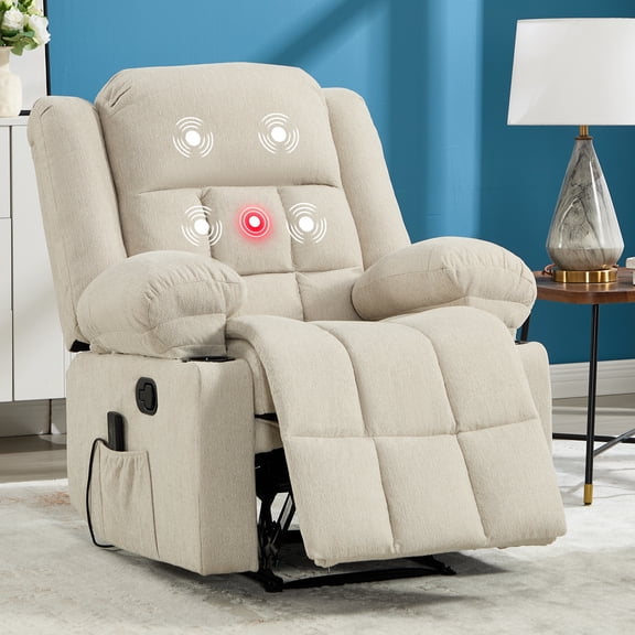 Ebello Manual Recliner Chair with Massage and Heat, Fabric Recliner with Cup Holders & Storage Pockets, Breathable Comfortable Lounger for Living Room, Beige