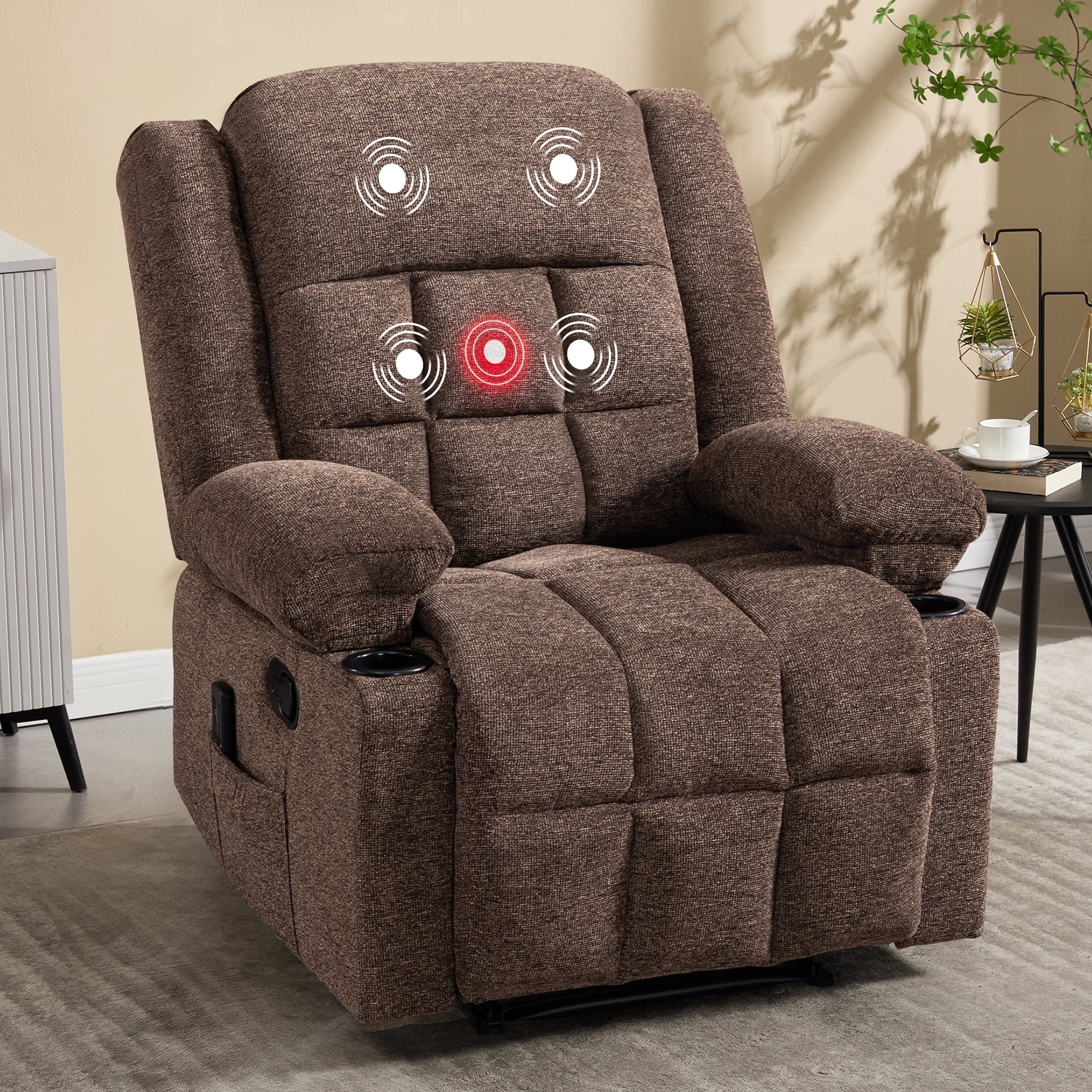 Ebello Manual Recliner Chair with Massage & Heat, Soft Fabric Recliner Chair with Cup Holders and Side Pockets for Living Room, Brown