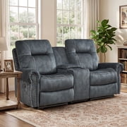 Ebello Manual Recliner Loveseat Sofa, 2-Seater Vintage Rivet Design Reclining Couch with Center Console, Hidden Storage & Cup Holders for Living Room, Greenish 