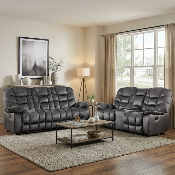 Ebello Manual Recliner Sofa Set, 77" 2-Seater Reclining Loveseat, 85" 3-Seater Soft Fabric Recliner Couch, with Cup Holders & Storage Console for Living Room, Gray
