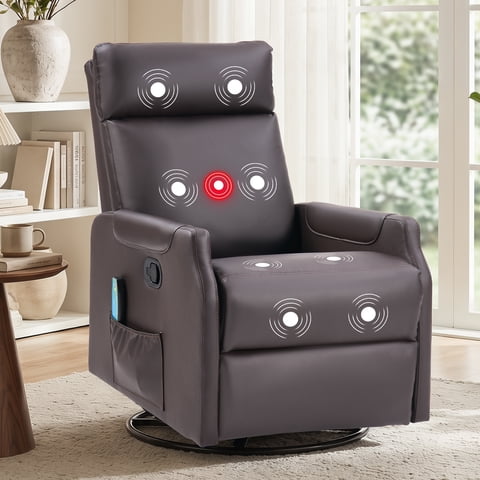 Ebello 8-Point Massage Recliner Chair with Heating, Overstuffed Manual PU Leather Swivel Rocker Recliner for Living Room, Nursing (Brown)