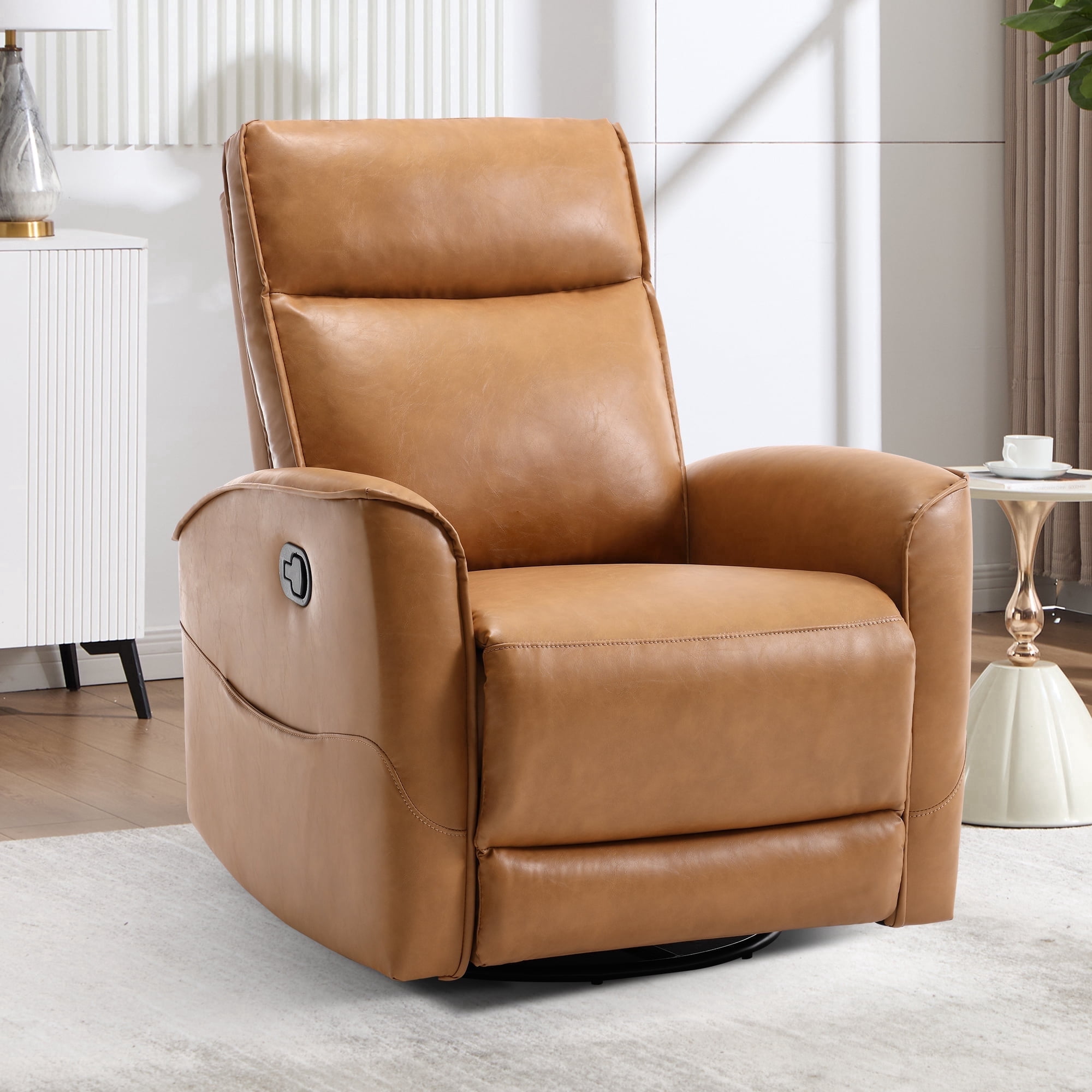 Ebello Manual PU Leather Swivel Rocker Recliner, Nursery Glider Chair with Padded Armrests & Backrest for Apartment, Living Room and Bedroom, Brown