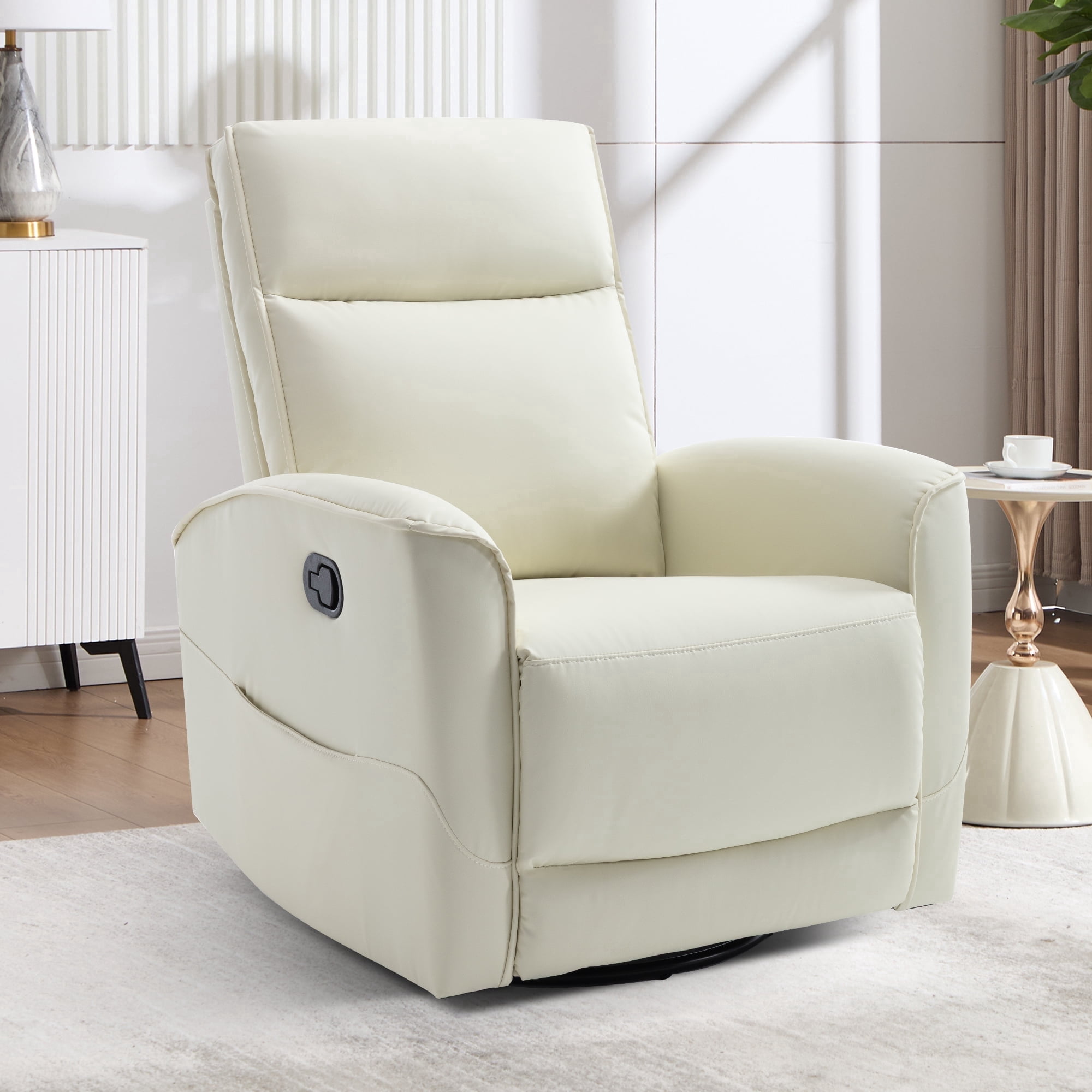 Ebello Manual PU Leather Swivel Rocker Recliner, Nursery Glider Chair with Padded Armrests & Backrest for Apartment, Living Room and Bedroom, White