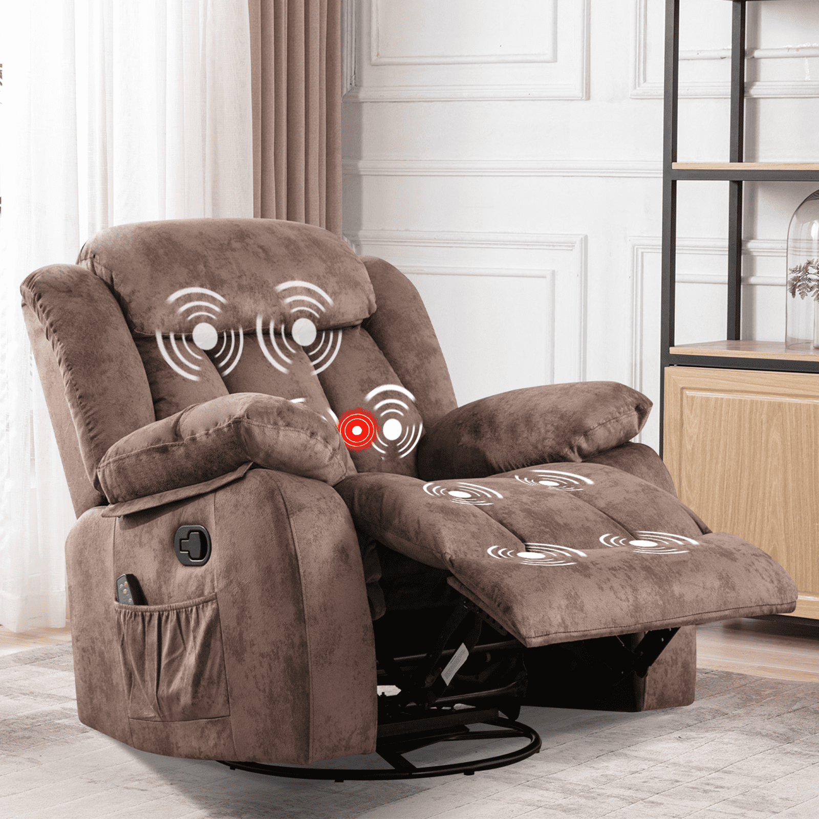 Ebello Massage Swivel Rocker Recliner with Heat and Massage, Comfy Overstuffed Soft Fabric