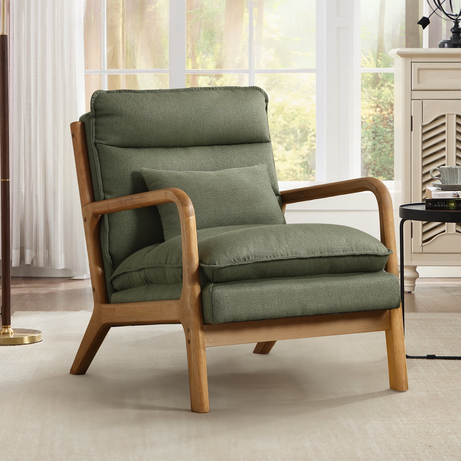 Ebello Mid Century Modern Accent Chair, Double-Padded Reading Armchair with Wood Frame & Lumbar Cushion for Living Room, Bedroom & Office, Green