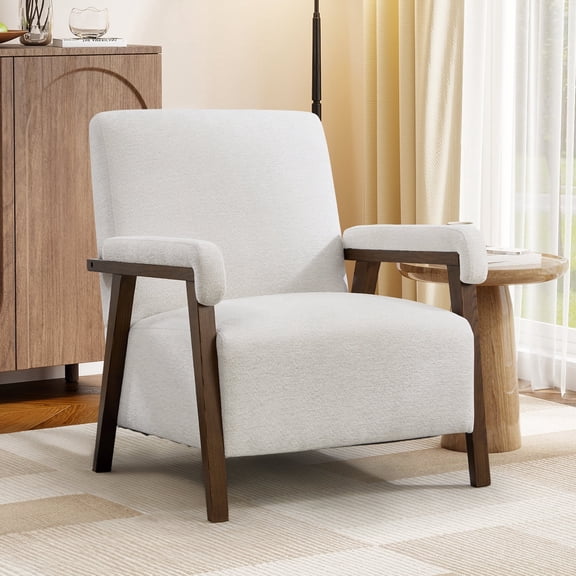 Ebello Mid Century Modern Armchair, Short Plush Fabric Accent Chair with Thick Innerspring Cushion & Solid Wood Frame for Living Room and Bedroom, White