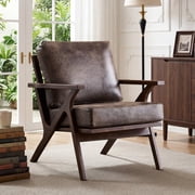 Ebello Mid-Century Modern PU Leather Accent Chair, Wood Frame Armchair with Removable Thick Padded Cushions for Living Room, Bedroom, Reception, Dark Gray