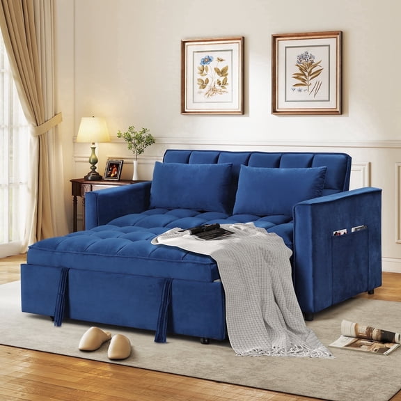 Ebello 3-in-1 Convertible Sofa Bed with Pull Out Bed, Velvet Pullout Futon Couch with Adjustable Backrest, Folding Pillows and Side Pockets for Living Room, Blue(Classic)