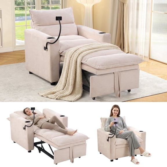 Ebello 3-in-1 Convertible Corduroy Sleeper Sofa Bed with Phone Holders & USB Ports, Pull Out Bed, Adjustable Backrest, Easy Assembly, 1-Seat(Beige)