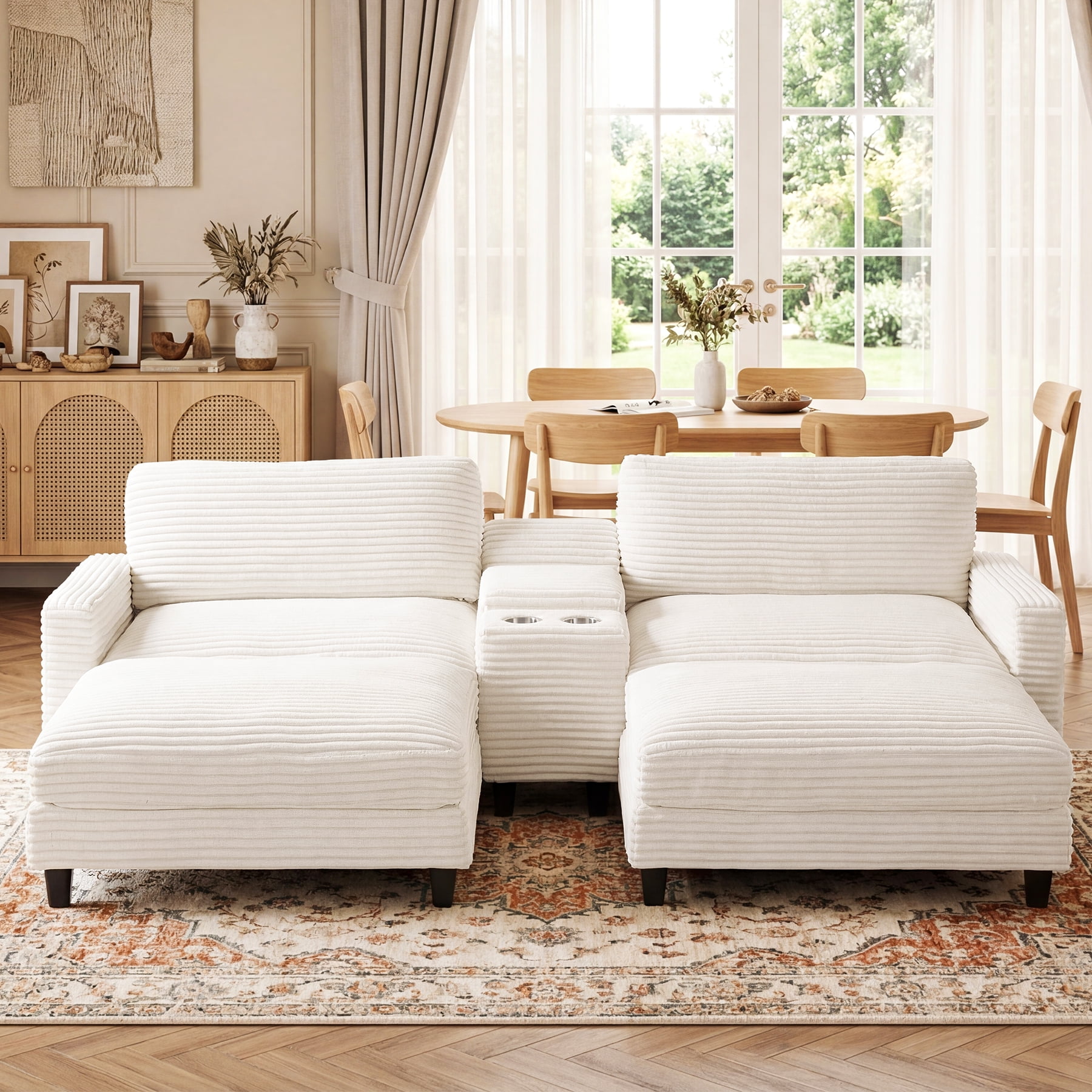 Ebello Oversized Modular Sofa Set, Loveseat with Ottomans & Center Console with Cup Holders – Corduroy Overstuffed Fabric Sofa Bed for Living Room,Easy Assembly(White)