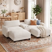 Ebello Oversized Modular Sofa Set, Loveseat with Ottomans & Center Console with Cup Holders   Corduroy Overstuffed Fabric Sofa Bed for Living Room,Easy AssemblyWhite