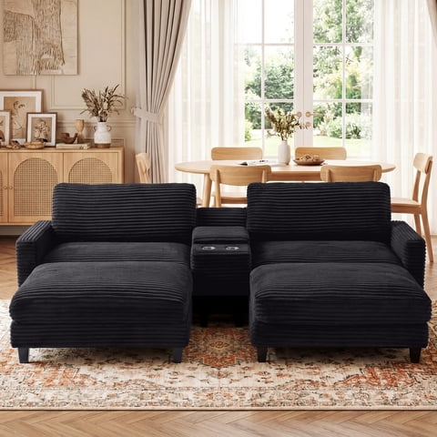 Ebello Oversized Modular Sofa Set, Loveseat with Ottomans & Center Console with Cup Holders – Corduroy Overstuffed Fabric Sofa Bed for Living Room,Easy Assembly (Black)