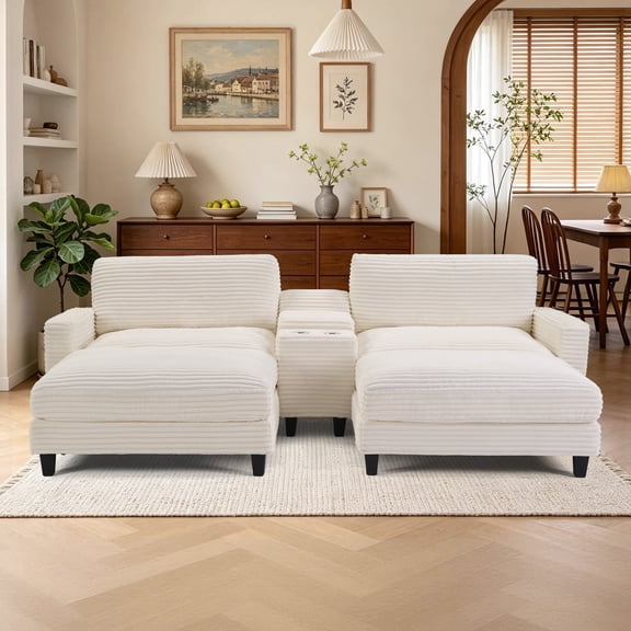 Ebello Oversized Modular Sofa Set, Loveseat with Ottomans & Center Console with Cup Holders – Corduroy Overstuffed Fabric Sofa Bed for Living Room,Easy Assembly(White)