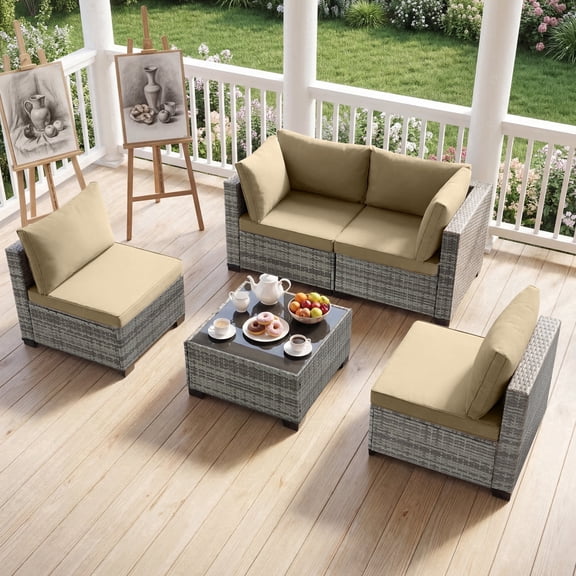 Ebello 5-Piece Modular Conversation Set, Outdoor Patio Sectional Sofa with Glass Coffee Table, Rattan Garden Furniture, GKH(Khaki)