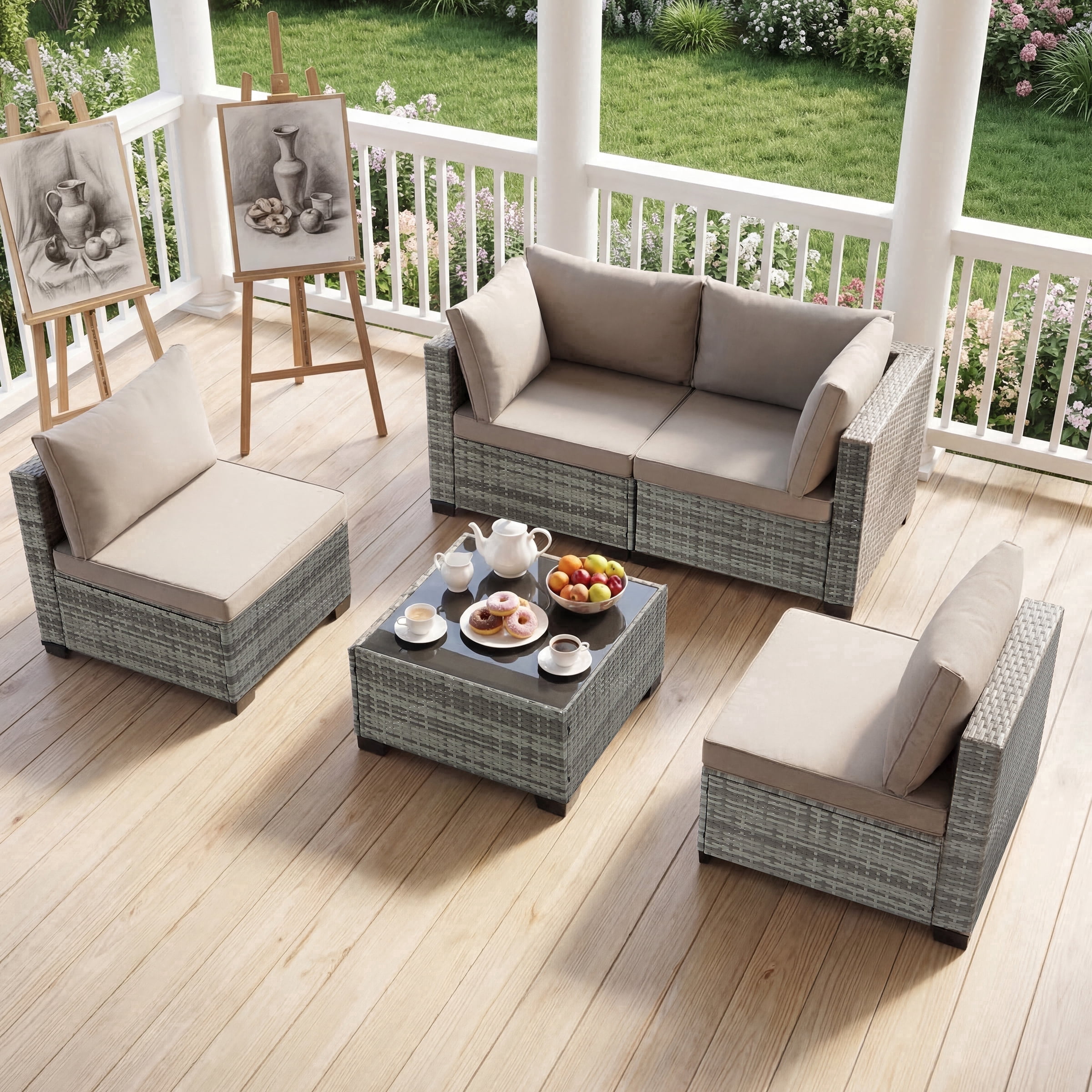 Ebello 5-Piece Modular Conversation Set, Outdoor Patio Sectional Sofa with Glass Coffee Table, Rattan Garden Furniture, GLG(Light Gray)