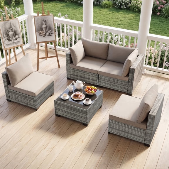 Ebello 5-Piece Modular Conversation Set, Outdoor Patio Sectional Sofa with Glass Coffee Table, Rattan Garden Furniture, GLG(Light Gray)