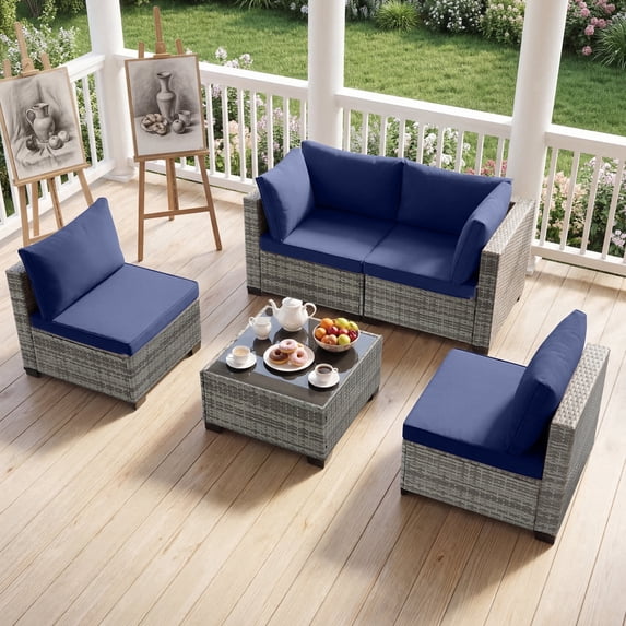 Ebello 5-Piece Modular Conversation Set, Outdoor Patio Sectional Sofa with Glass Coffee Table, Rattan Garden Furniture, GNB(Navy Blue)