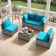 Ebello 5-Piece Modular Conversation Set, Outdoor Patio Sectional Sofa with Glass Coffee Table, Rattan Garden Furniture, GTQ(Peacock Blue)