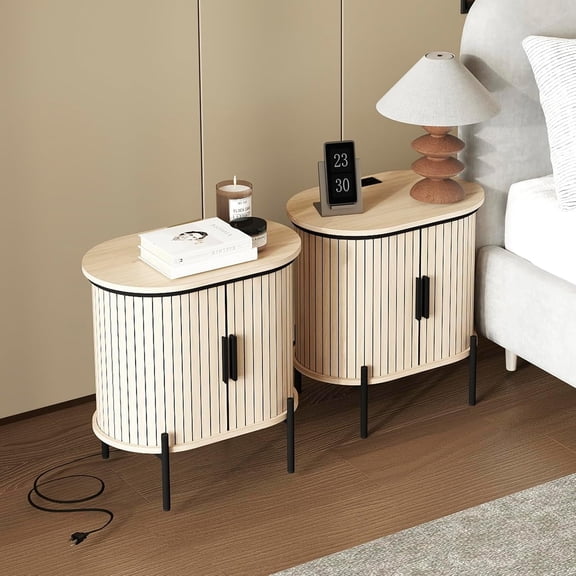 Ebello Nightstand Set of 2 with Built-in Charging Station, Mid Century Modern Fluted End Table with Storage for Bedroom & Entryway, Camel