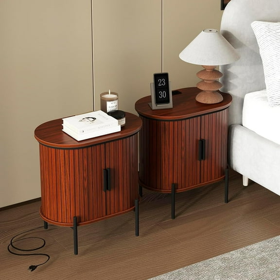 Ebello Nightstand Set of 2 with Built-in Charging Station, Mid Century Modern Fluted End Table with Storage for Bedroom & Entryway, Walnut