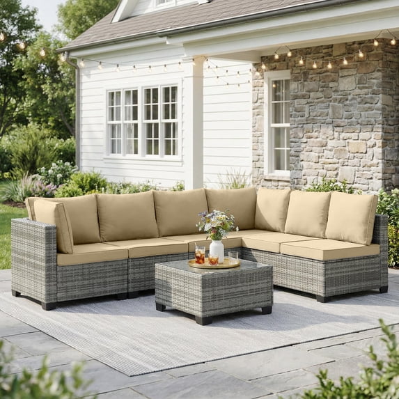 Ebello 7-Piece Modular Conversation Set, Outdoor Patio Sectional Sofa with Glass Coffee Table, Rattan Garden Furniture, GKH(Khaki)
