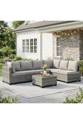7-Piece Modular Conversation Set, Outdoor Patio Sectional Sofa with Glass Coffee Table, Rattan Garden Furniture, GLG(Light Gray)