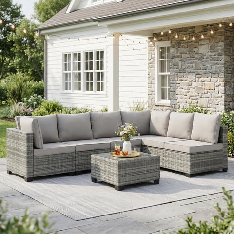 Ebello 7-Piece Modular Conversation Set, Outdoor Patio Sectional Sofa with Glass Coffee Table, Rattan Garden Furniture, GLG(Light Gray)