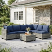 Ebello 7-Piece Modular Conversation Set, Outdoor Patio Sectional Sofa with Glass Coffee Table, Rattan Garden Furniture, GNB(Navy Blue)