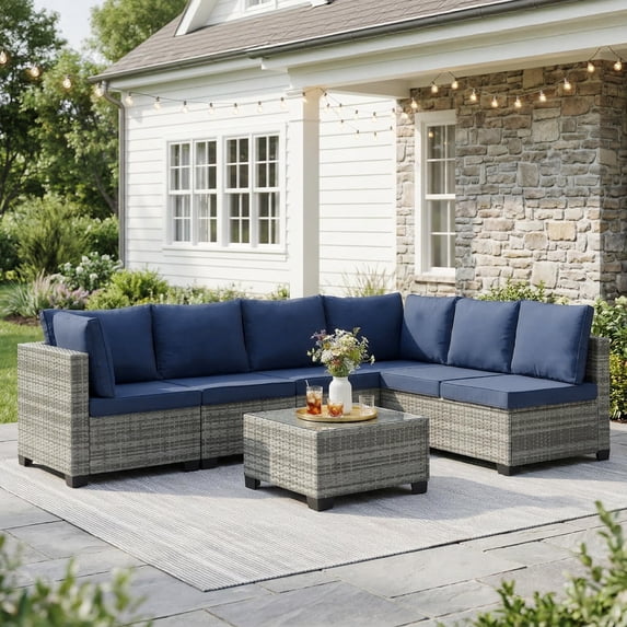 Ebello 7-Piece Modular Conversation Set, Outdoor Patio Sectional Sofa with Glass Coffee Table, Rattan Garden Furniture, GNB(Navy Blue)