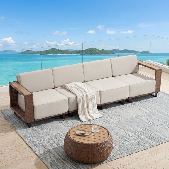 Ebello Outdoor Sofas & Sectionals - 4 Seater Wicker Patio Sofa Extra Spacious Seating with Thick Cushions Sturdy Frame Brown & Beige - 4S-17