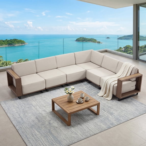 Ebello Outdoor Sofas & Sectionals - 6 Seater L-Shaped Wicker Patio Sectional Spacious Corner Gathering Seating Brown & Beige - CS-20