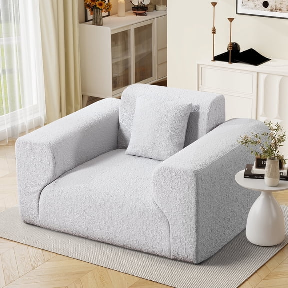 Ebello Oversized Chenille Accent Chair, Plush Upholstered Armchair with Removable Pillow for Living Room & Bedroom, No Assembly Required, Light Gray