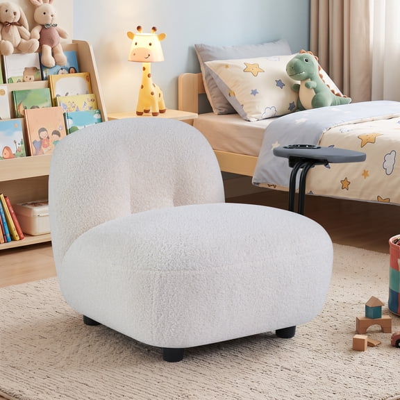 Ebello 22" Kids Accent Chair, Overstuffed Wide Soft Teddy Fabric Armless Kids Chair With Built-ln Side Tray, Short Solid Legs for Nursery, Kids Room, Beige