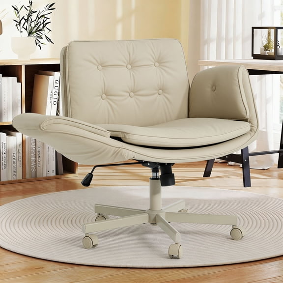 Ebello Oversized Vanity Chair with Foldable Arms, Criss Cross Design Big & Tall Desk Chair - 300 lbs Capacity, Swivel Computer Chair with Wheels for Office, Cream