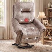 Ebello Overstuffed Electric Power Recliner Chair, Soft Fabric Vintage Rivet Design Single Reclining Sofa with USB Ports, Massage and Heat for Living Room, Light Brown