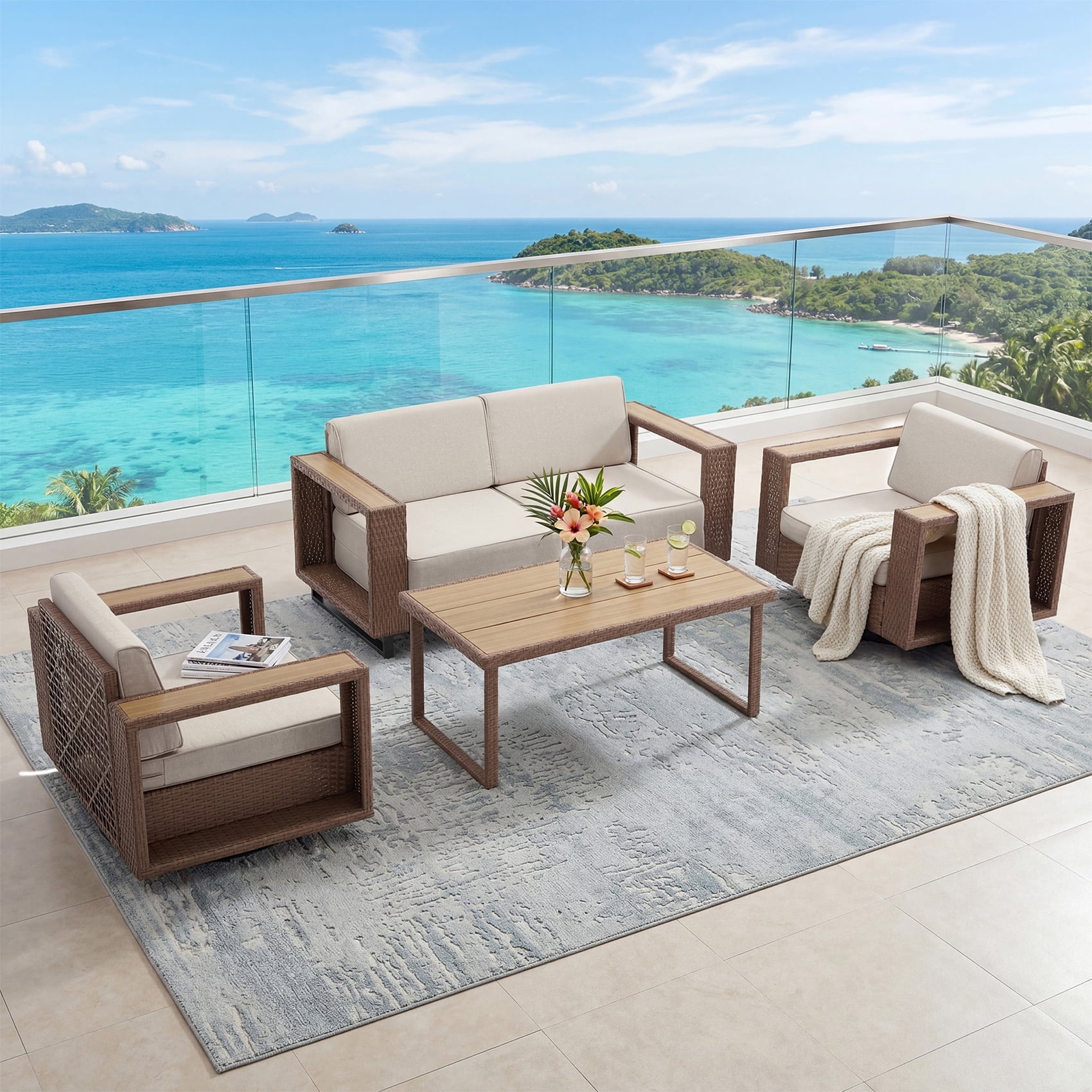 Ebello Patio Conversation Sets - 360° Swivel 4-6 Seater Wicker Sofa 2 Rotating Chairs and Coffee Table