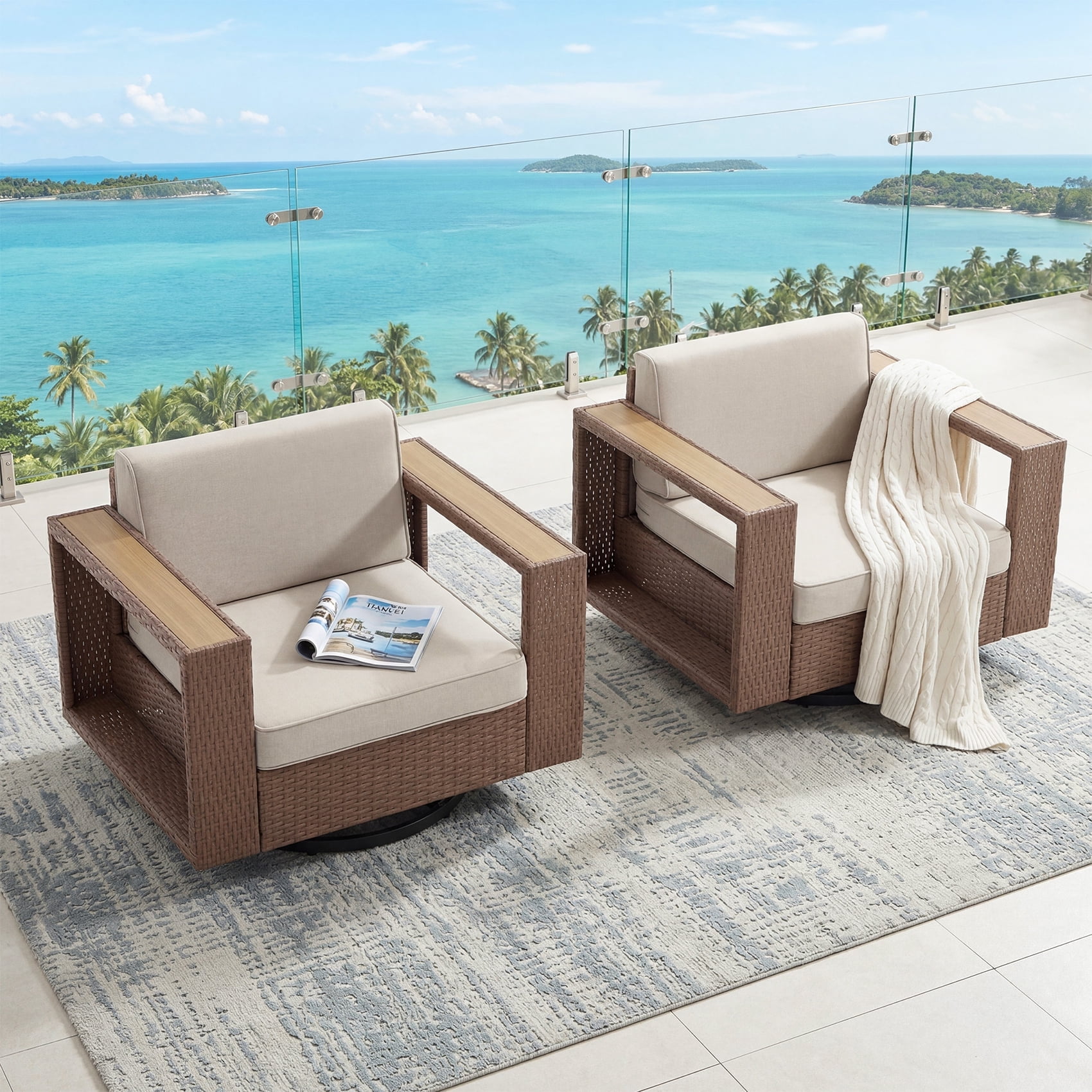 Ebello Patio Conversation Sets - Swivel Wicker 2 Chairs