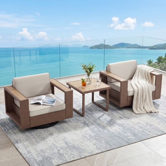 Ebello Patio Conversation Sets - 360° Swivel Wicker 2 Chairs and Coffee Table Set with Thick Cushions Brown & Beige - SC-07